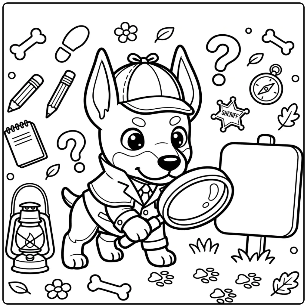 Kleurplaat puppy Dobermann detective met vergrootglas en hoed.