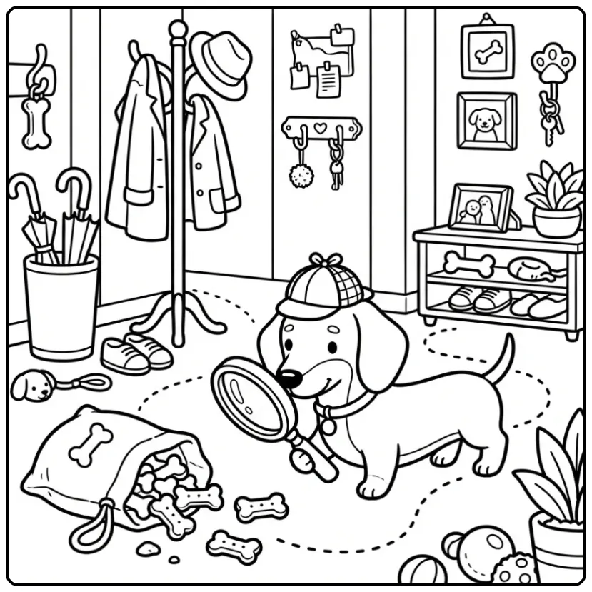 Kleurplaat teckel puppy als detective met vergrootglas en koekjes