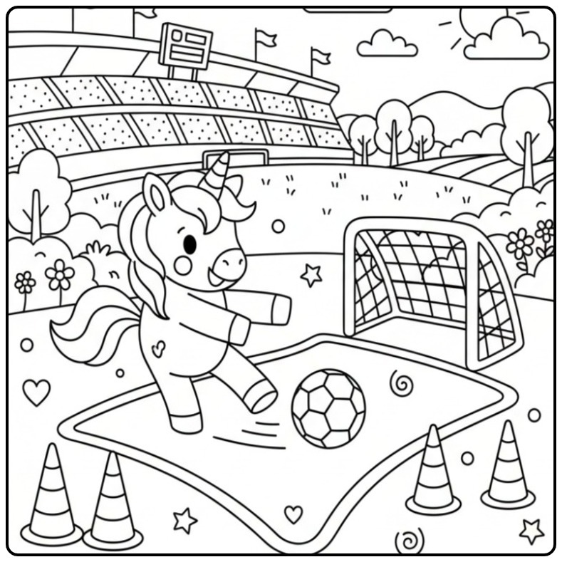 Voetballende baby unicorn kleurplaat in een groot stadion.