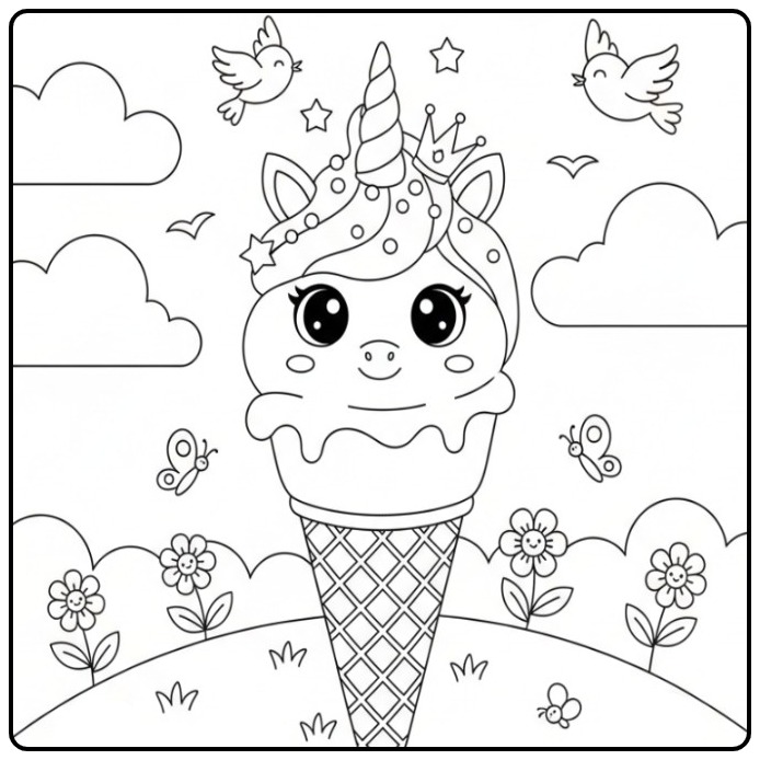 Kleurplaat eenhoorn met ijsje in een hoorntje, vol magie!