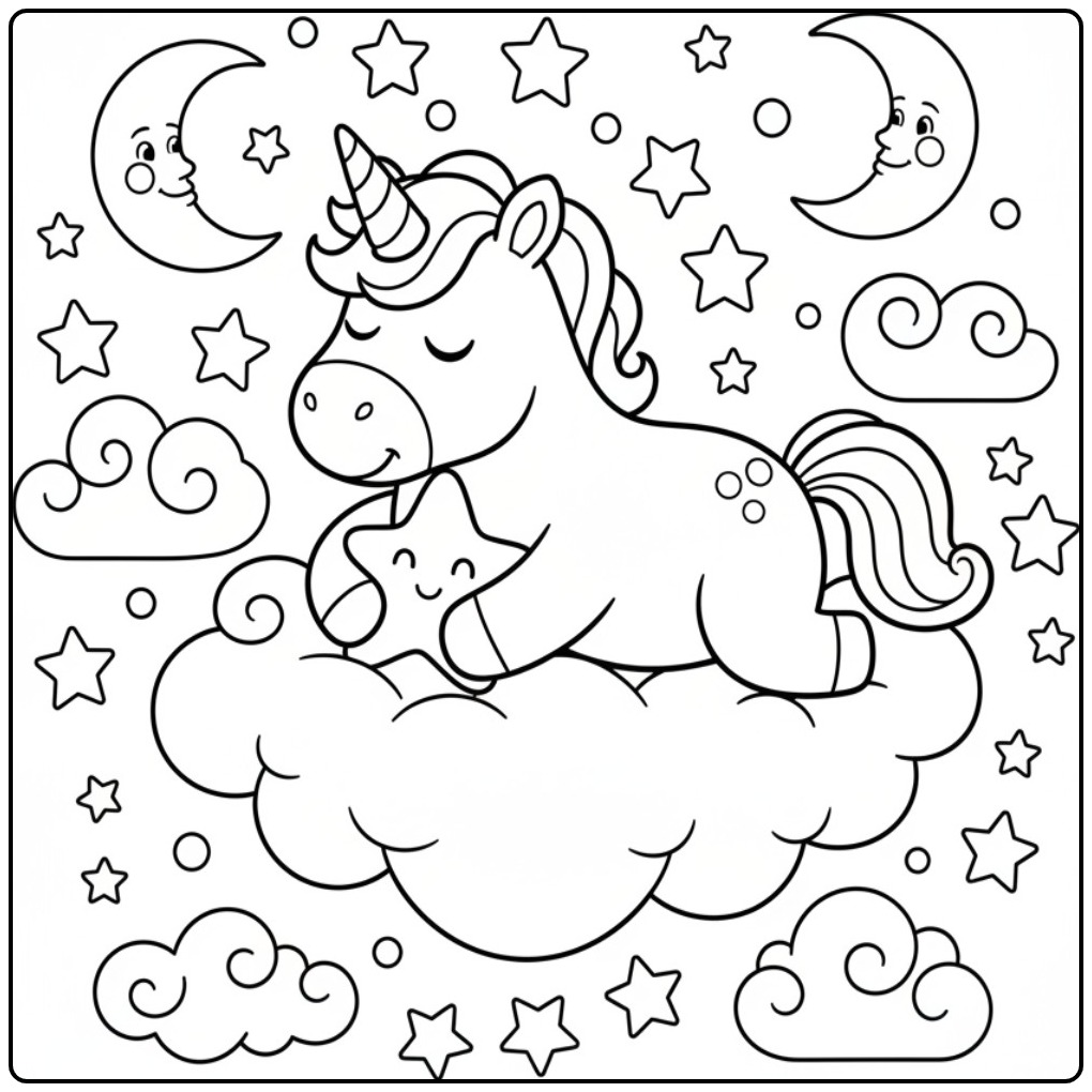 Dromerige kleurplaat eenhoorn schattig op een wolk met sterren.