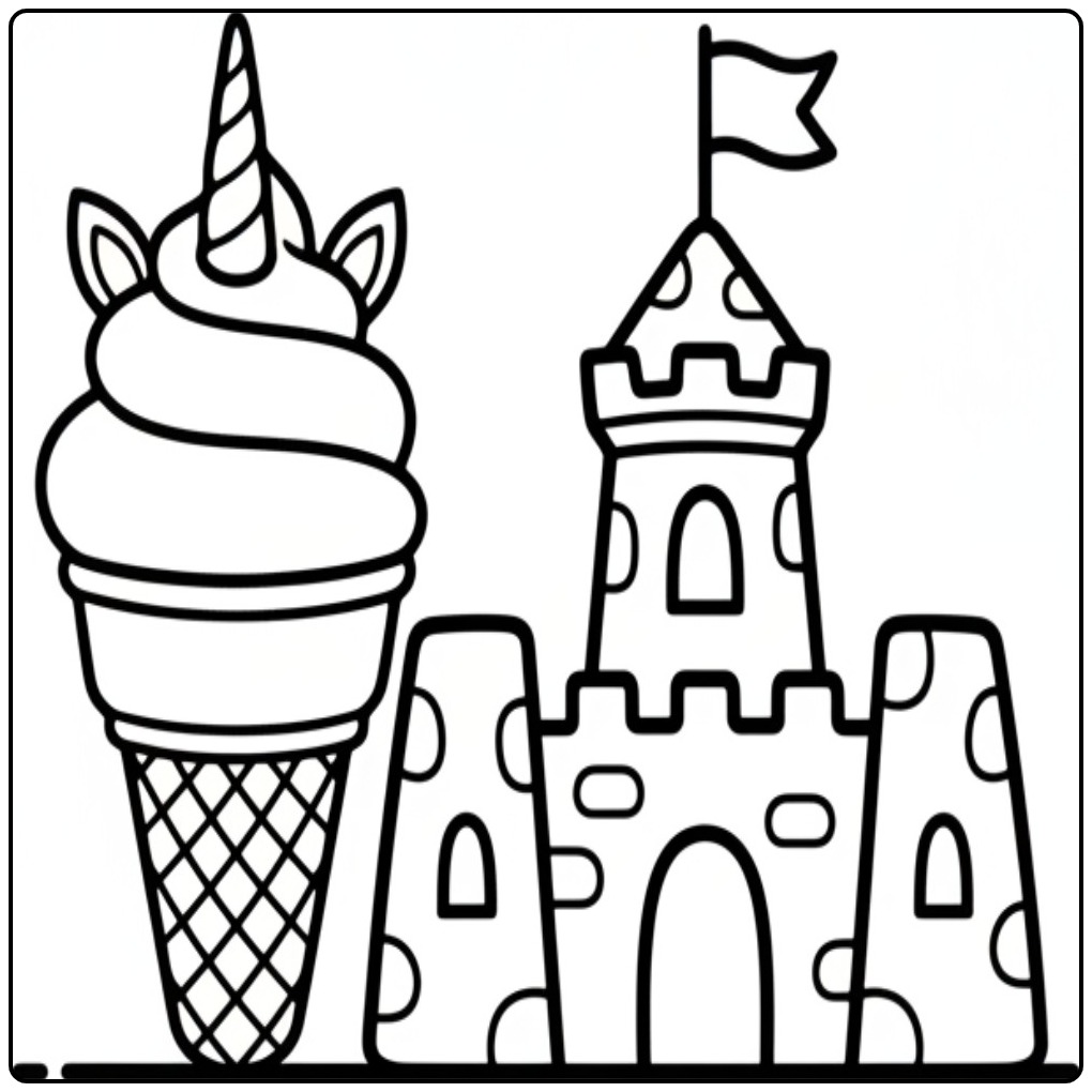 Kleurplaat unicorn ijsje bij een magisch zandkasteel.