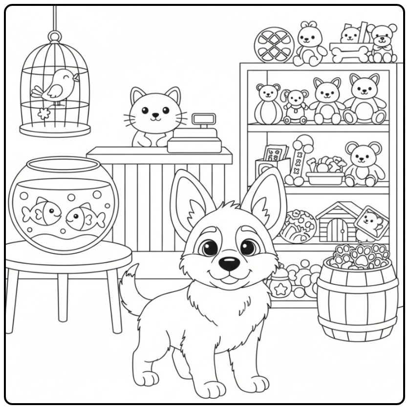 Een vrolijke kleurplaat duitse herder in een dierenwinkel.