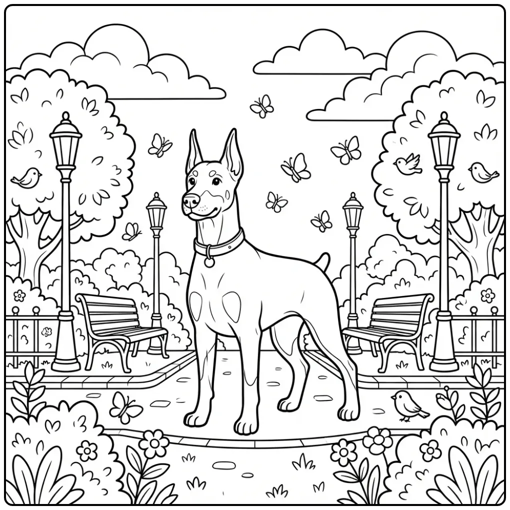 Schattige kleurplaat hond Dobermann in een stadspark.