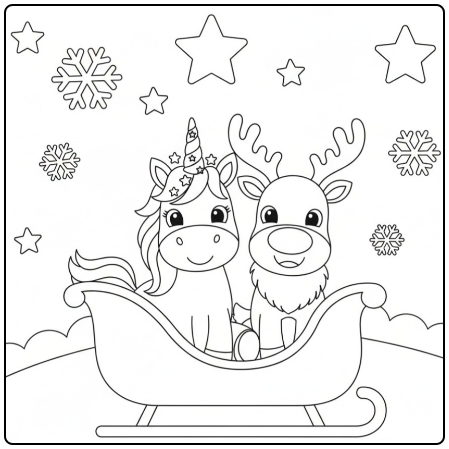 Kleurplaat: Kerst eenhoorn en rendier kleurplaat in de sneeuw!