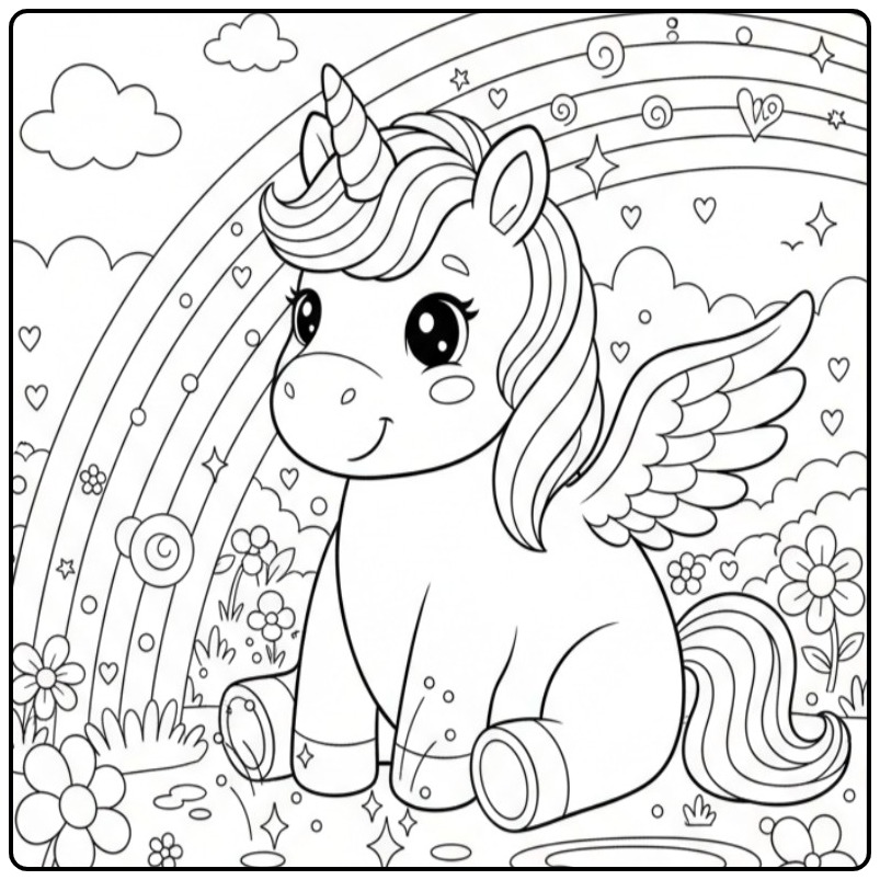 Kleurplaat eenhoorn met vleugels en regenboog zittend in het gras.