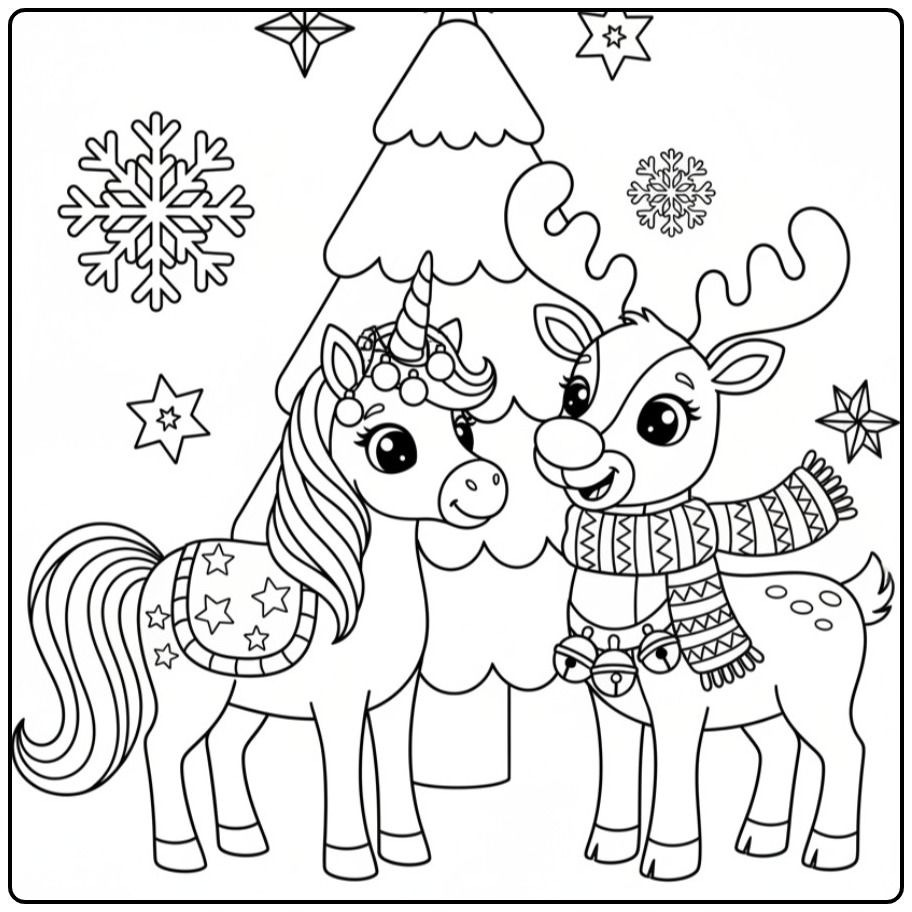 Kleurplaat kerst unicorn met eenhoorn en rendier pret!