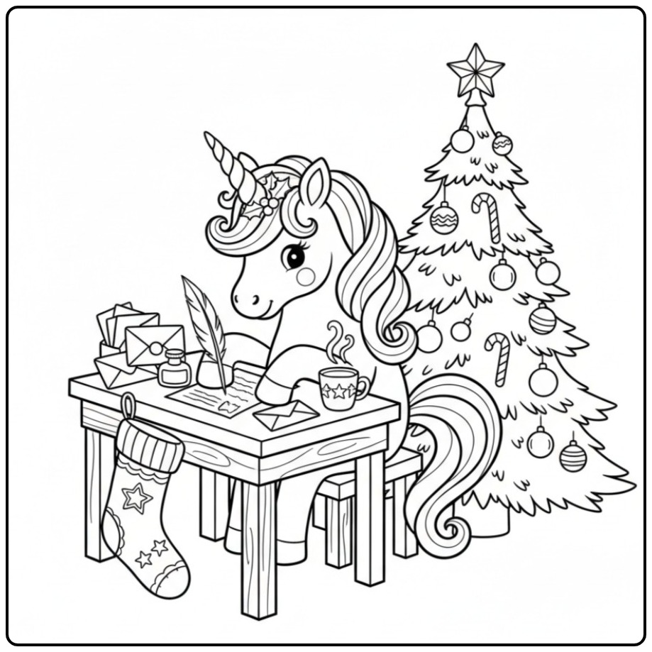 Kerst unicorn kleurplaat met kerstboom en kadootjes.