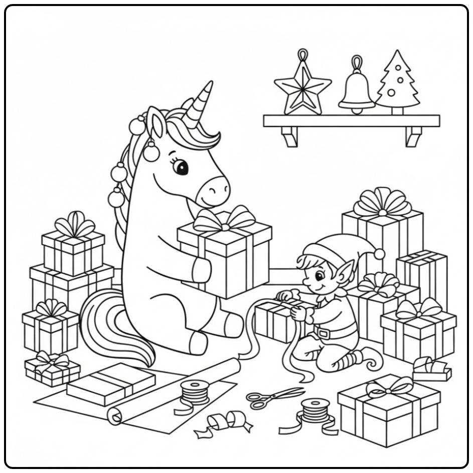 Kleurplaat kerst unicorn met cadeau's en een vrolijke elf