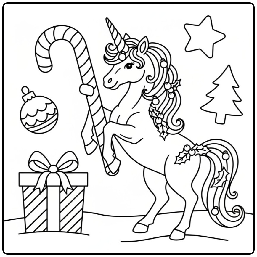 Een schattige kleurplaat kerst unicorn met snoep en cadeautjes.