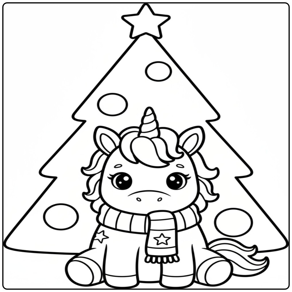 Kleurplaat kerst unicorn met ster op de kerstboom, schattig!