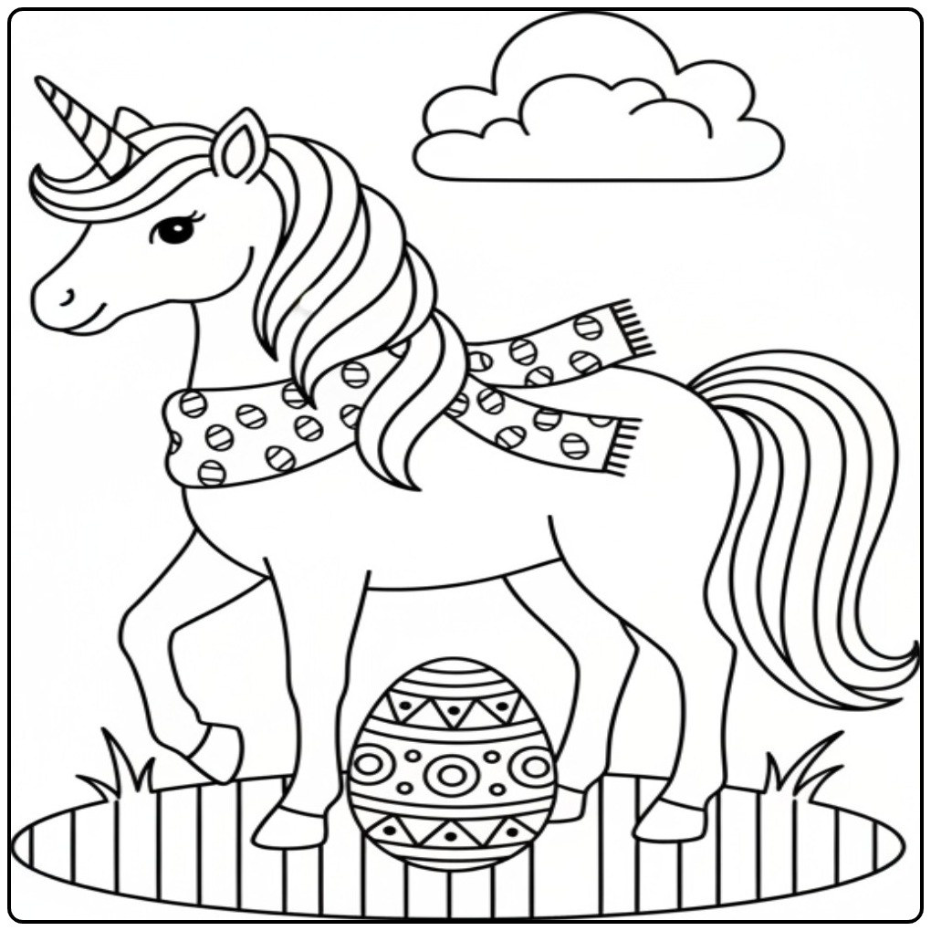Kleurplaat unicorn pasen met sjaal en ei in de tuin.