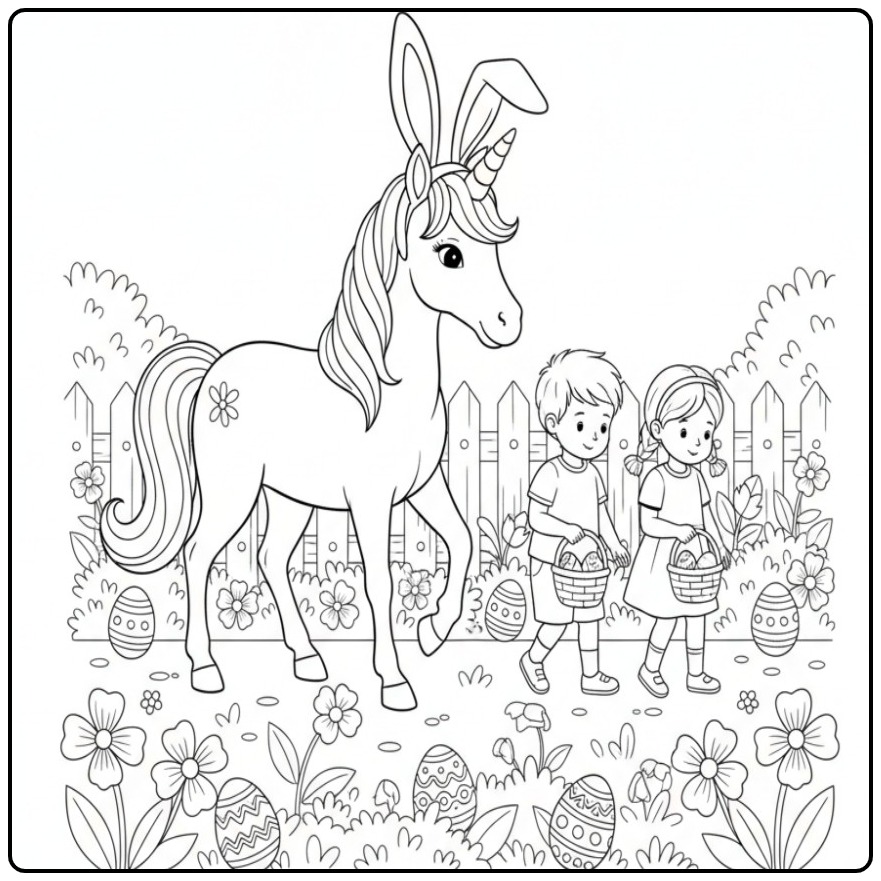 Een kleurplaat unicorn pasen met kinderen en eieren zoeken.