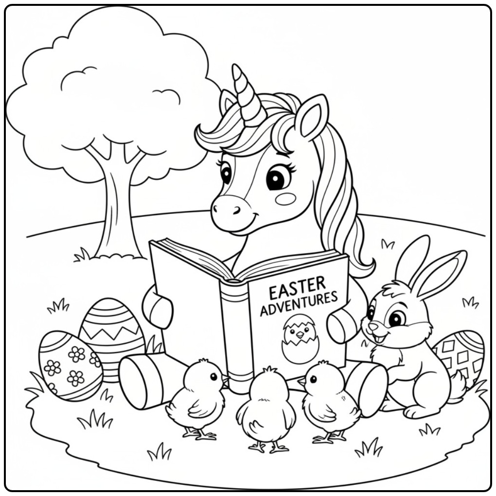 Kleurplaat unicorn pasen met paaseieren en kuikens.