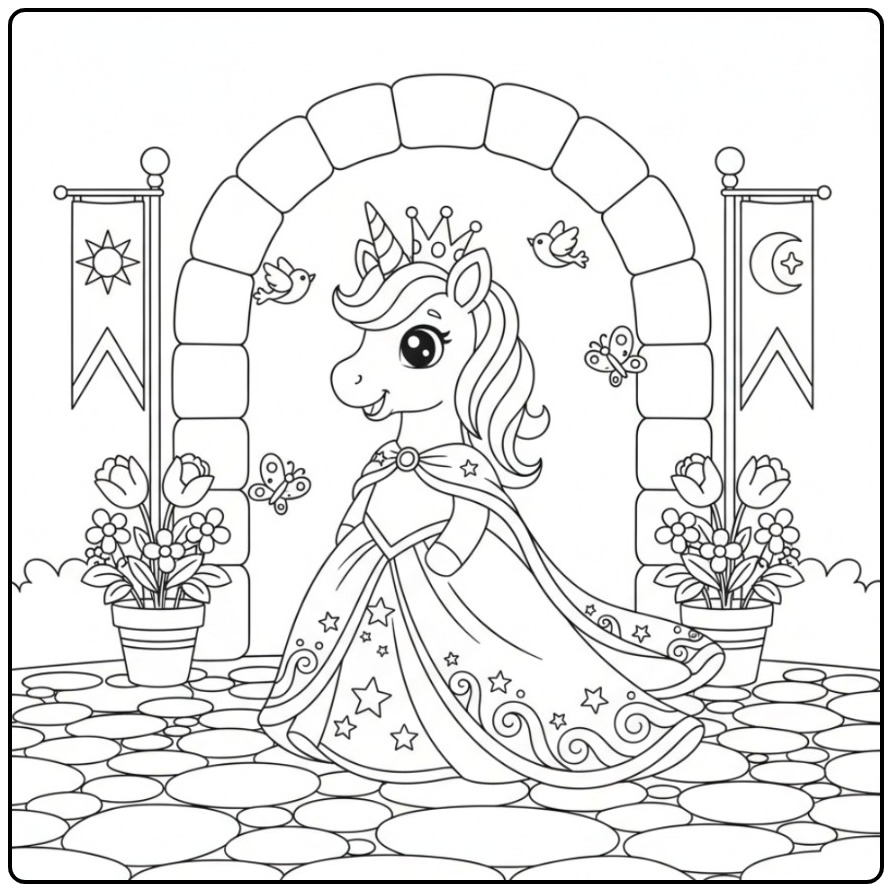 Een schattige Makkelijke unicorn prinses kleurplaat in een jurk.