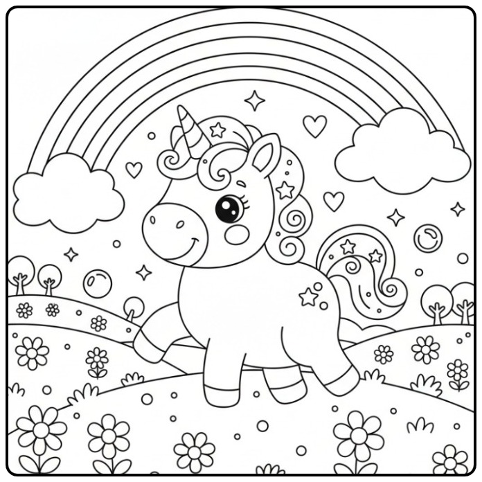 Vrolijke Schattige eenhoorn en regenboog kleurplaat.
