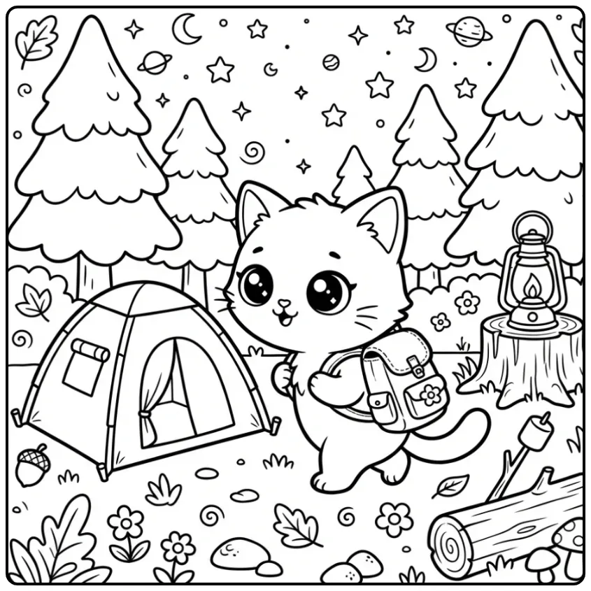 Een schattige kawaii kleurplaat kitten op de camping met tent.
