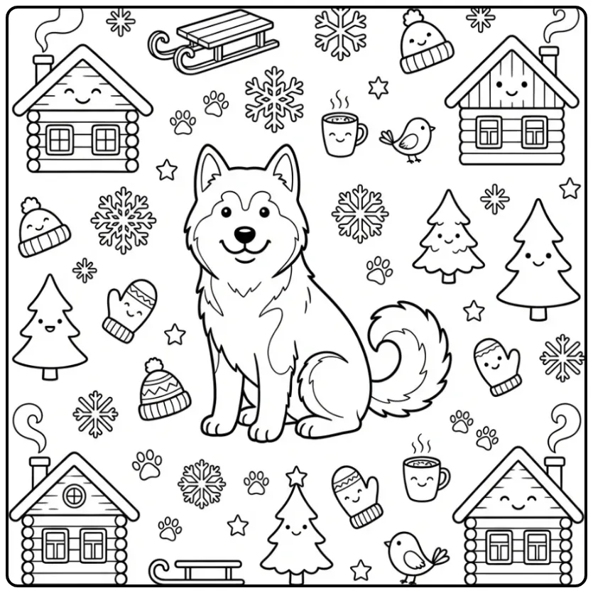 Een kleurplaat hond schattig Alaskan Malamute in de winter.