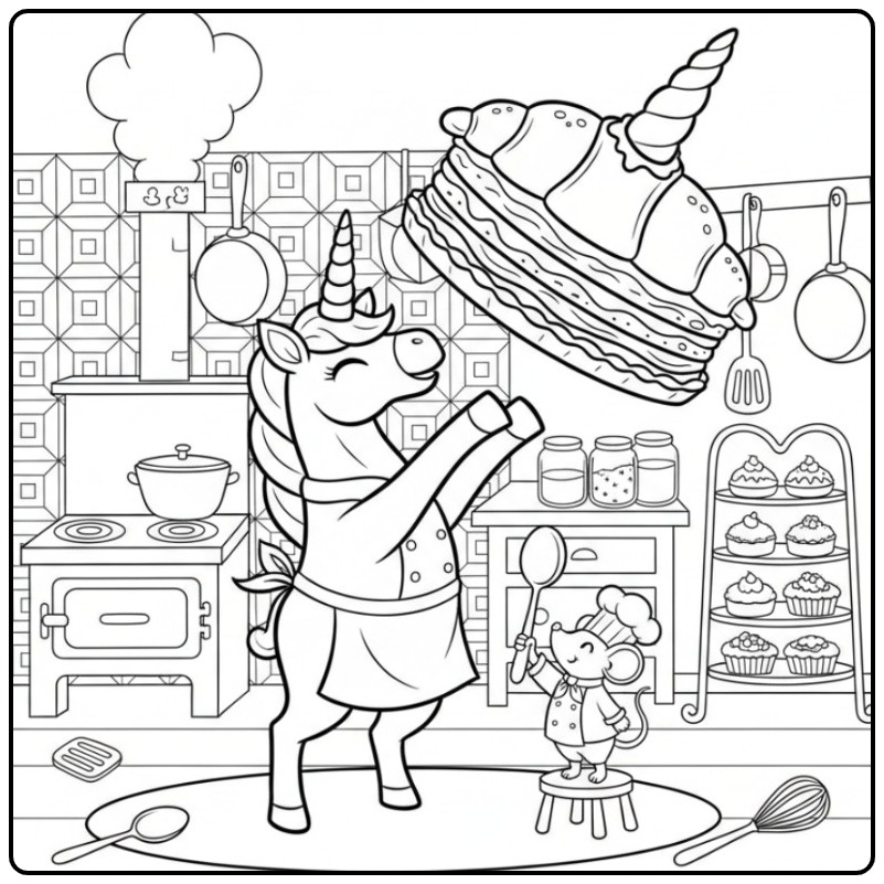 Vrolijke kleurplaat unicorn taart die de lucht in wordt gegooid.