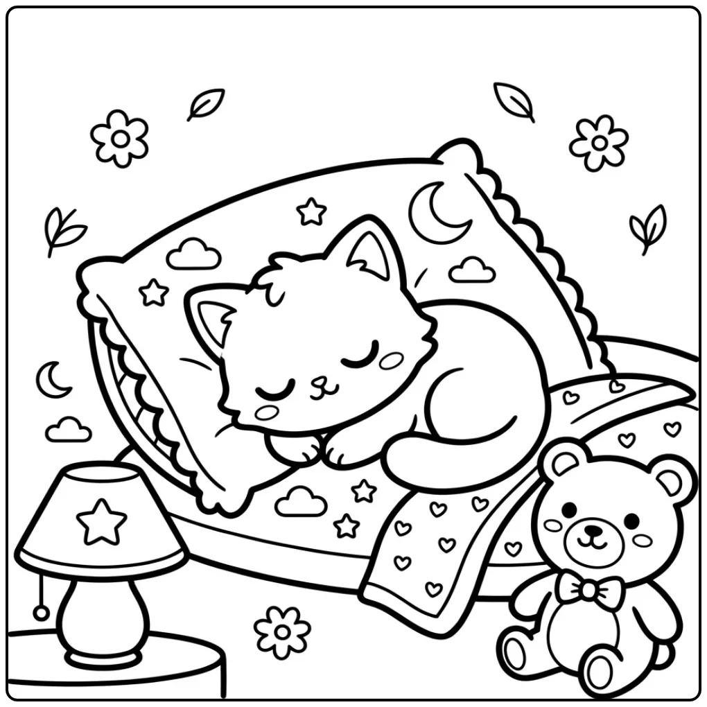 Een schattige kawaii kleurplaat kitten slapend op een kussen.