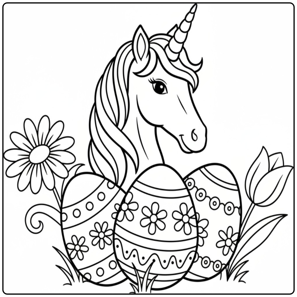 Kleurplaat unicorn pasen met eieren en bloemen. Print en kleur!