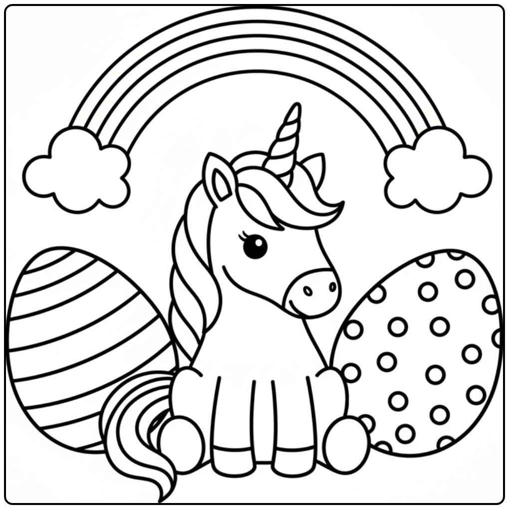 Kleurplaat unicorn pasen met regenboog en eieren afbeelding