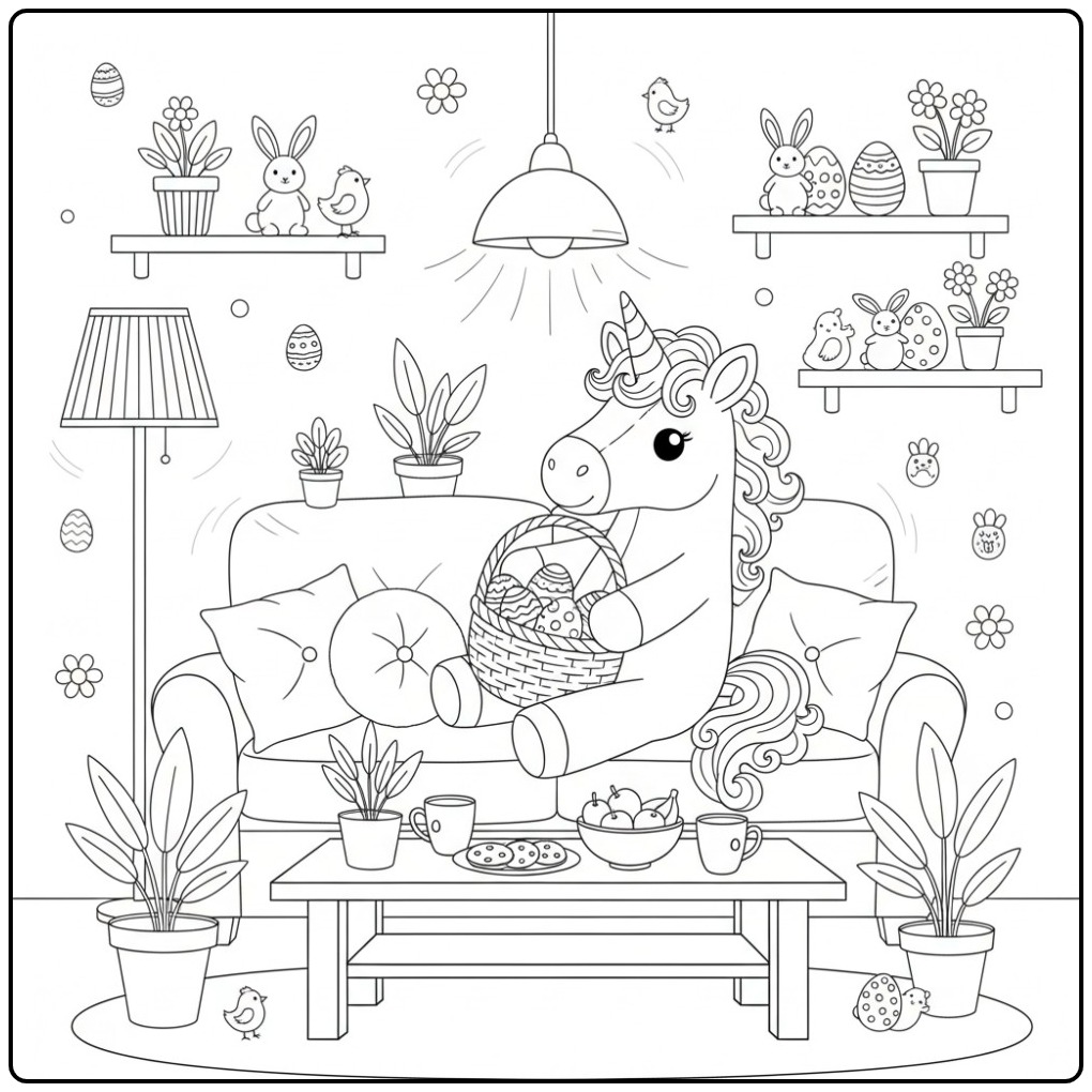 Kleurplaat unicorn pasen met paaseieren en konijntjes.