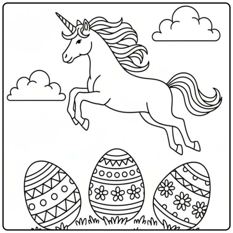 Kleurplaat unicorn pasen met vrolijke paaseieren en wolken