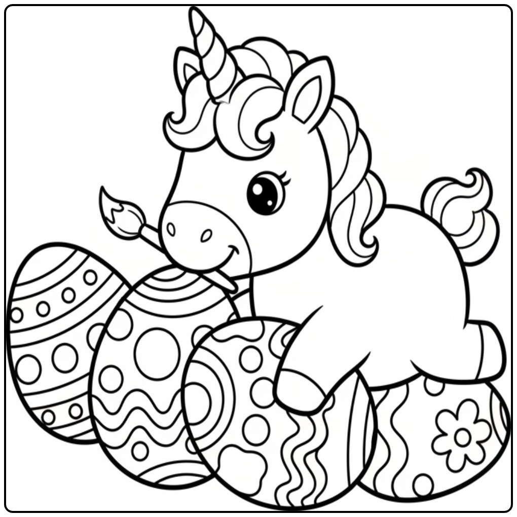 Kleurplaat unicorn pasen met eieren en penseel.