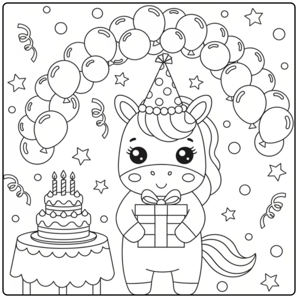 Feestelijke Kleurplaat van een unicorn en regenboog op een verjaardagsfeest.