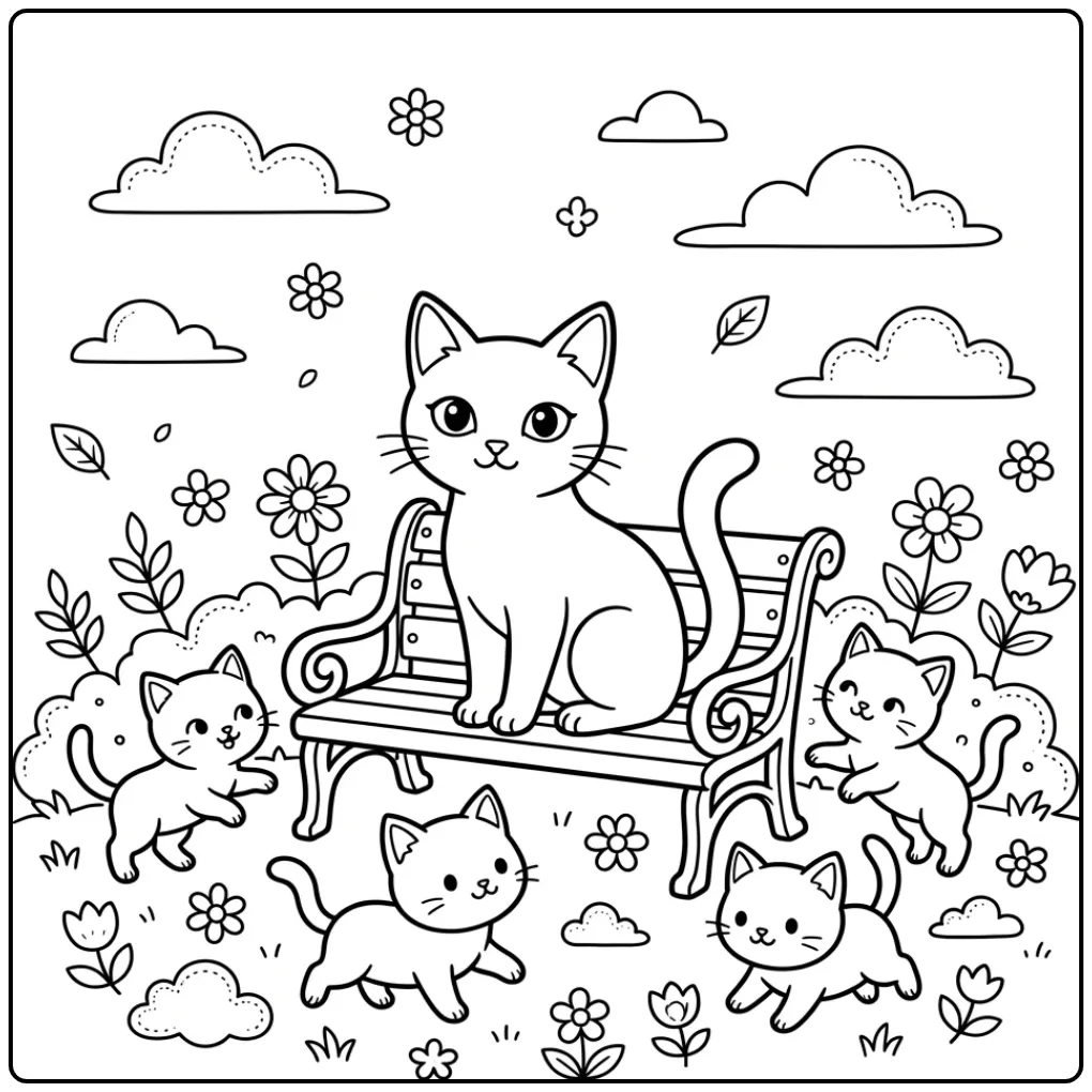 Schattige kleurplaat kat met kittens op een bankje in het park.