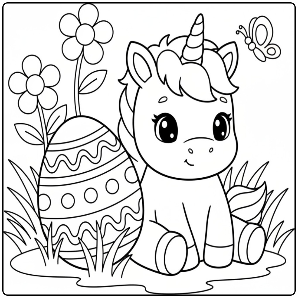 Kleurplaat unicorn pasen met vlinder en paasei in de tuin.