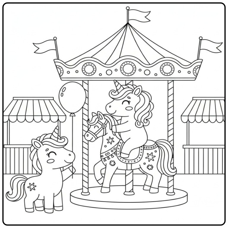 Twee eenhoorns op de kermis, een kleurplaat eenhoorn schattig.