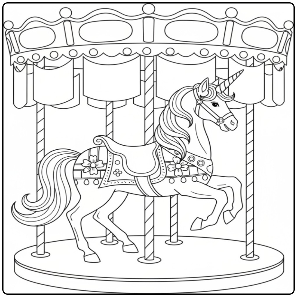 Een vrolijke unicorn kleurplaat makkelijk op een draaimolen.