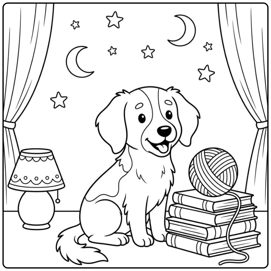 Een schattige kleurplaat hond makkelijk in een knus leeshoekje.