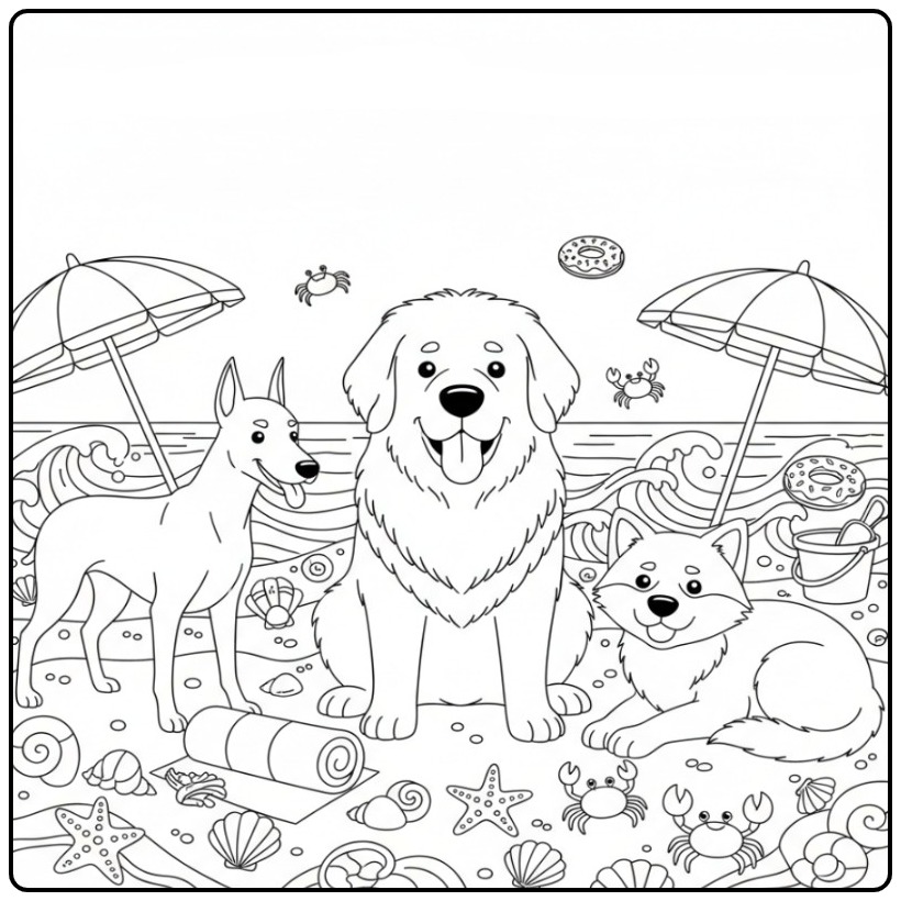Gedetailleerde strandscène als honden kleurplaat moeilijk.