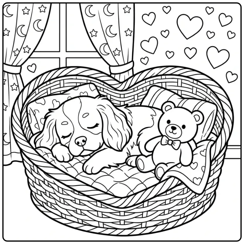 Een lieve Cavalier in een mand, een kleurplaat hond met hartjes.