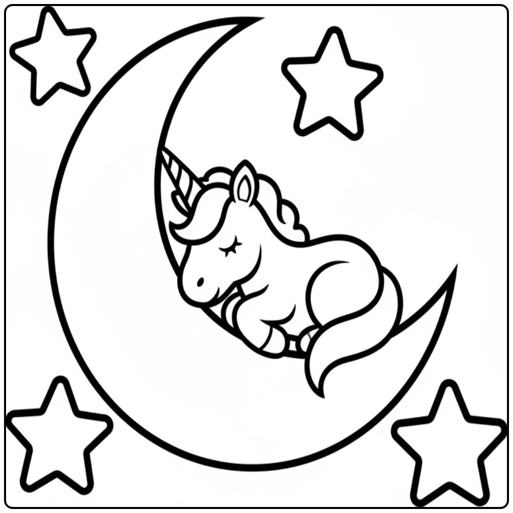 Slapende baby unicorn kleurplaat makkelijk op de maan.