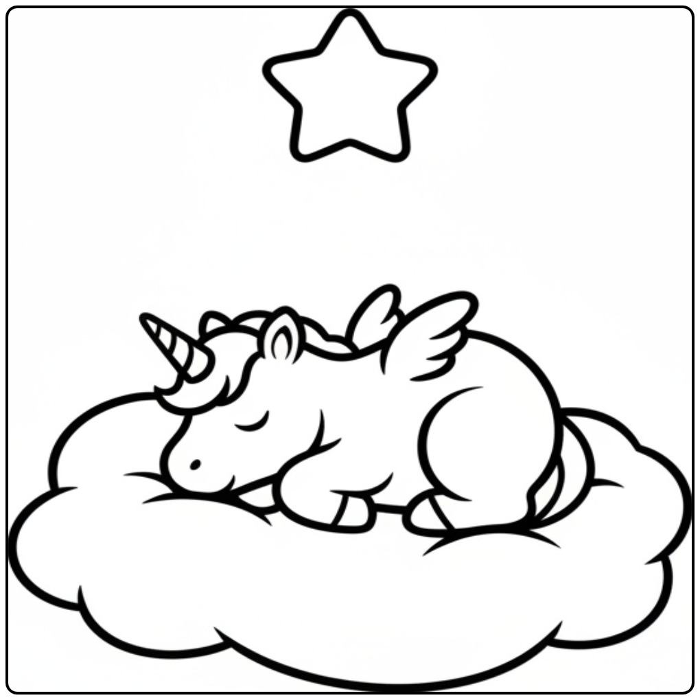 Een schattige slapende baby unicorn kleurplaat op een wolk.