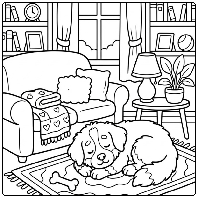 Schattige slapende hond op een kleed berner sennen kleurplaat.