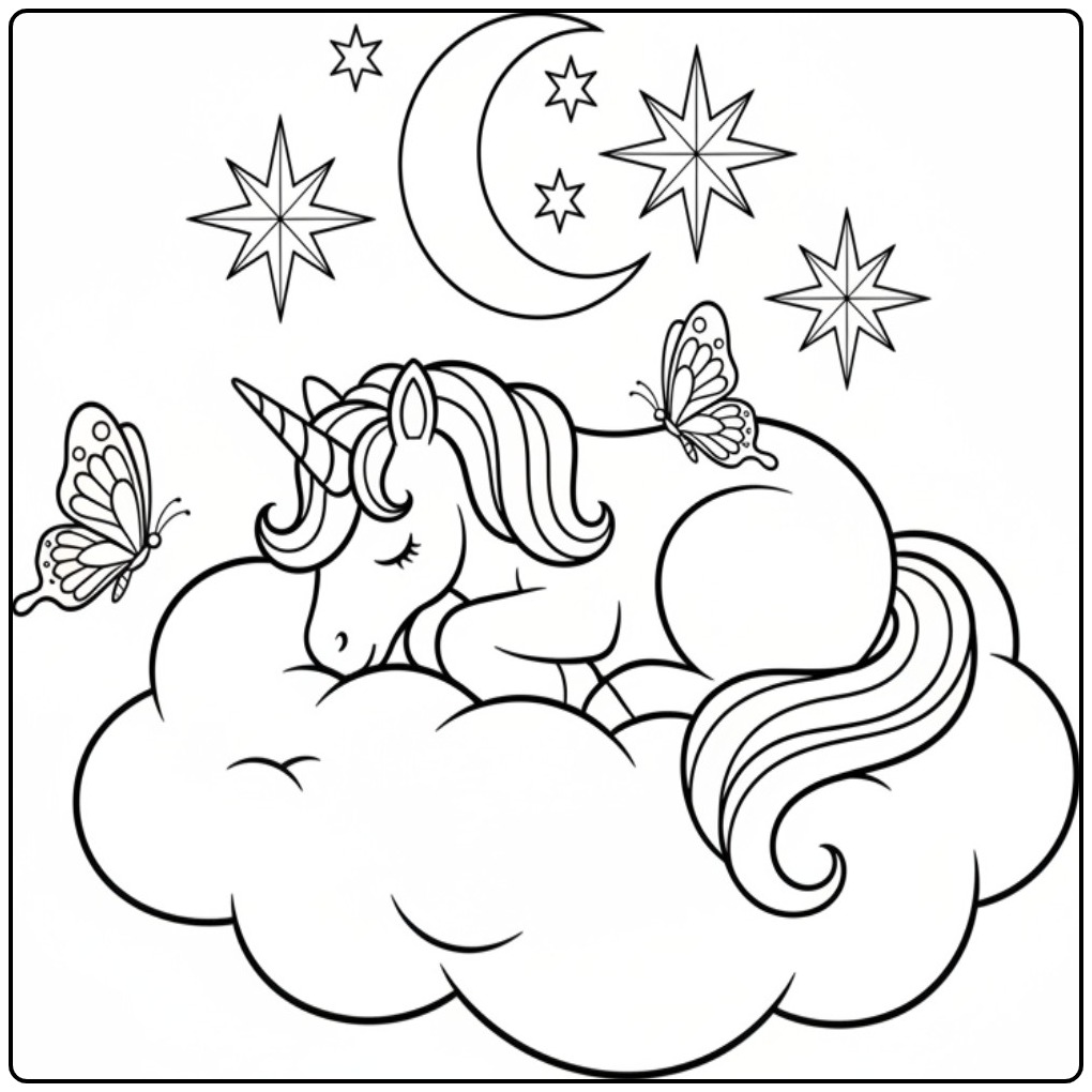Schattige vlinders kleurplaat unicorn slaapt op een wolk.
