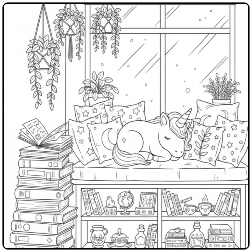 Slapende baby unicorn kleurplaat in een knusse leeshoek.