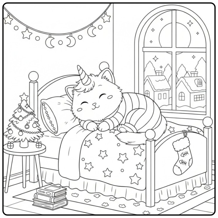 Schattige Eenhoornkat Kerstmis Kleurplaat die lekker slaapt.