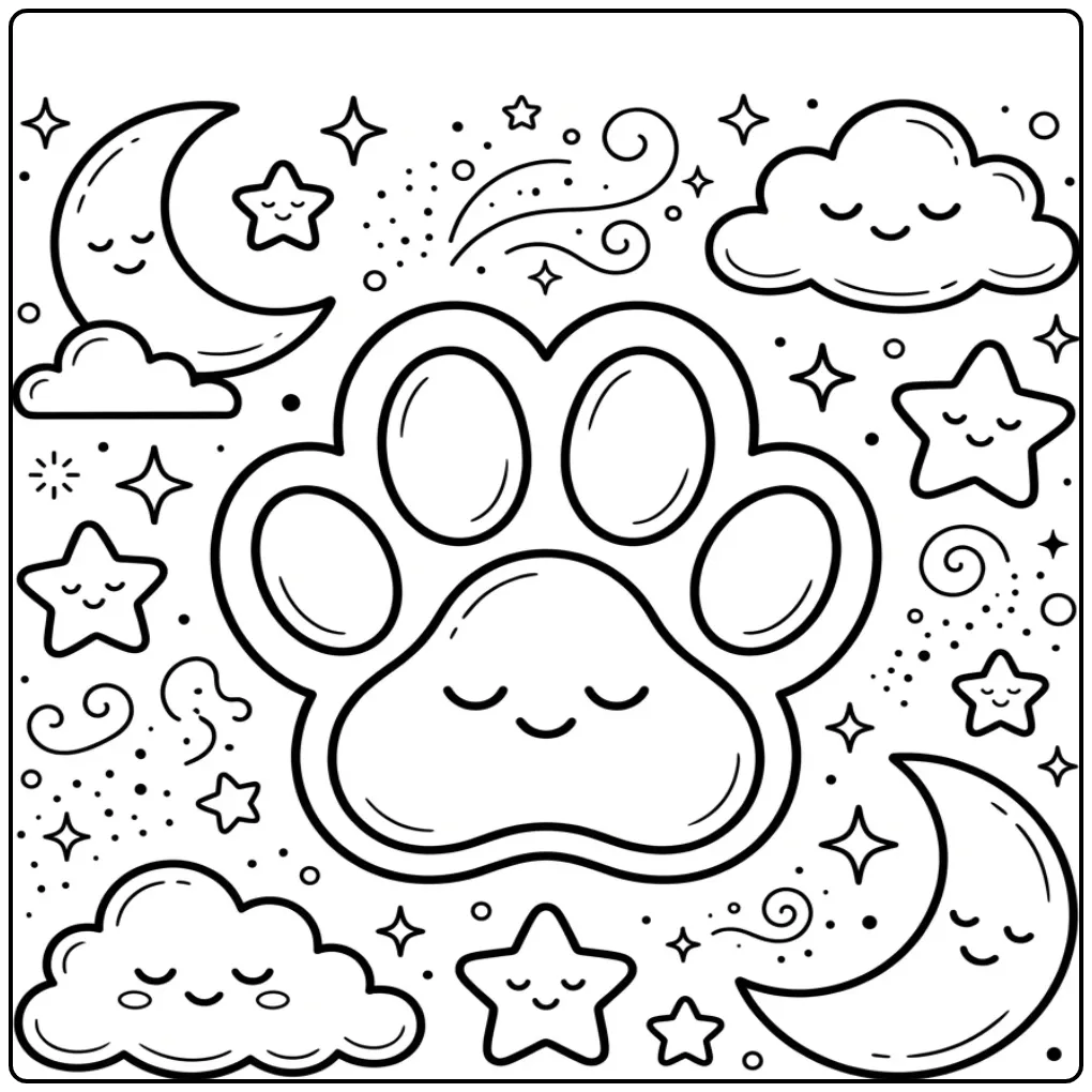 Schattige hondenpoot kleurplaat met maan en sterren.