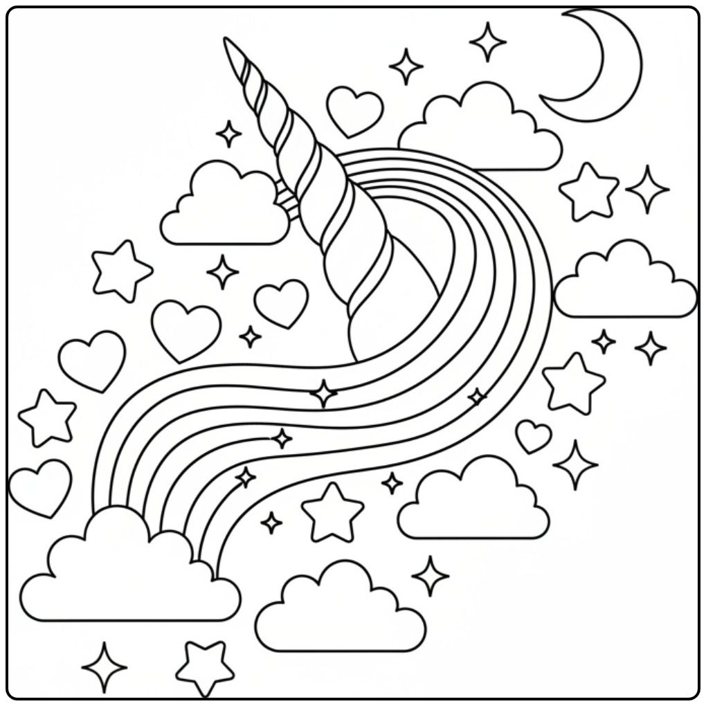 Een magische Kleurplaat eenhoorn hoorn regenboog met sterren.