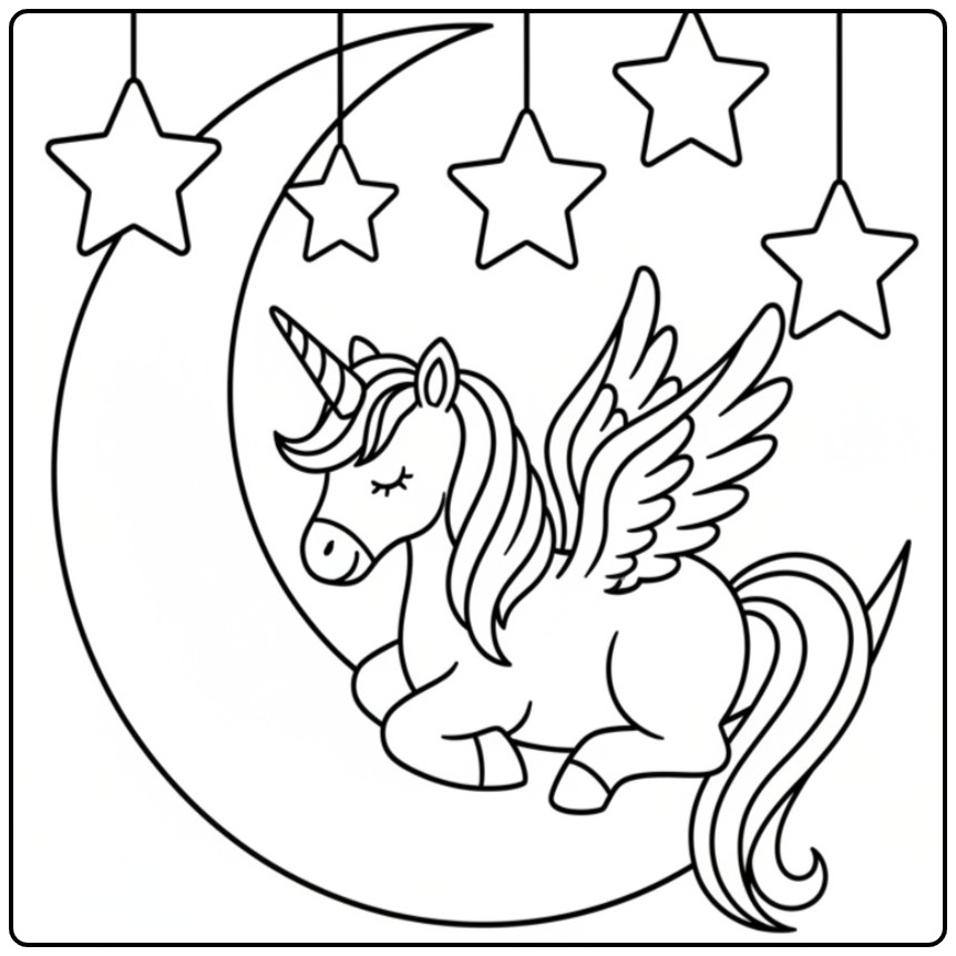 Slapende kleurplaat eenhoorn met vleugels op de maan.