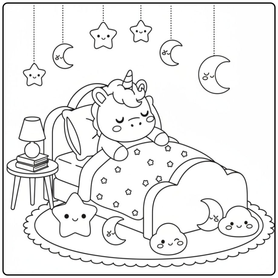 Een schattige Kleurplaat kawaii chibi baby unicorn in een bed.