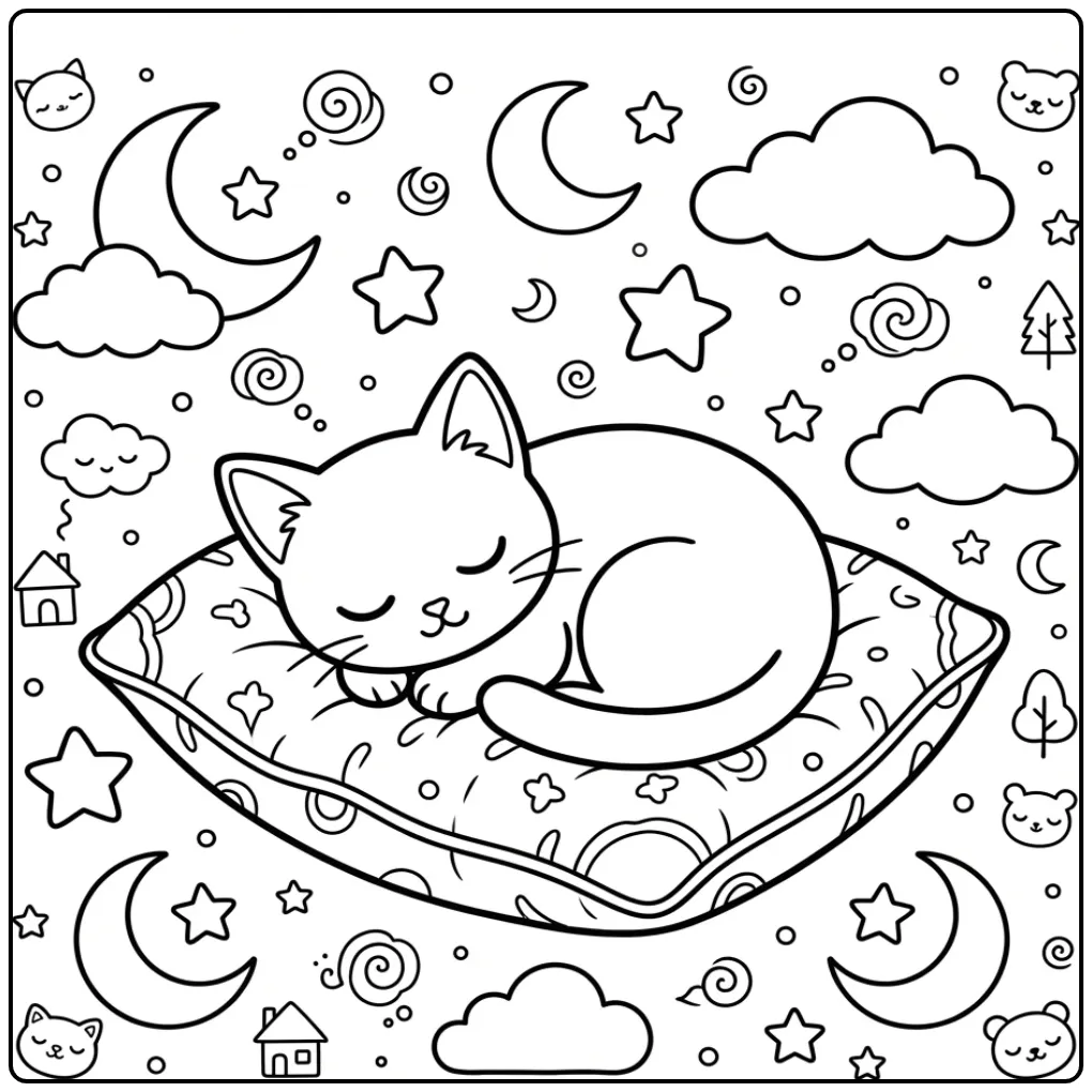 Een kleurplaat kitten schattig slapend op een zacht kussen.