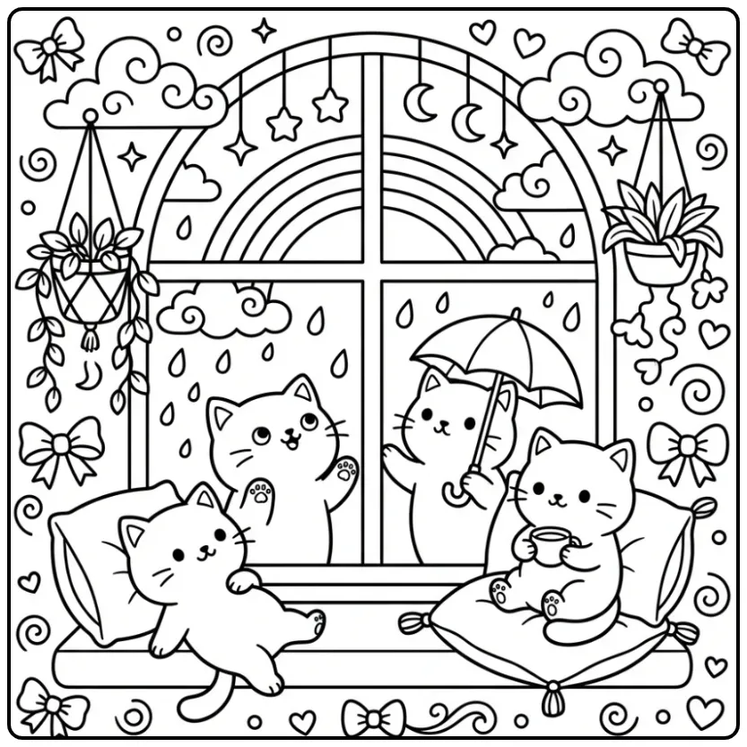 Schattige kleurplaat kittens kijken naar regenboog uit raam