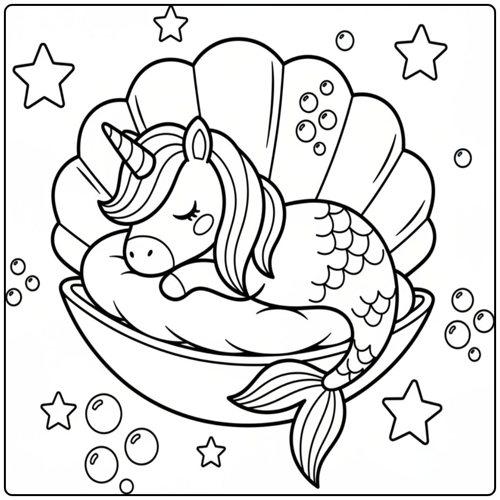 Schattige kleurplaat unicorn zeemeermin die slaapt in een schelp.